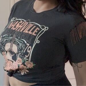 Charcoal gray 'Nashville' Graphic Tee with Pink Floral Accent and tassels